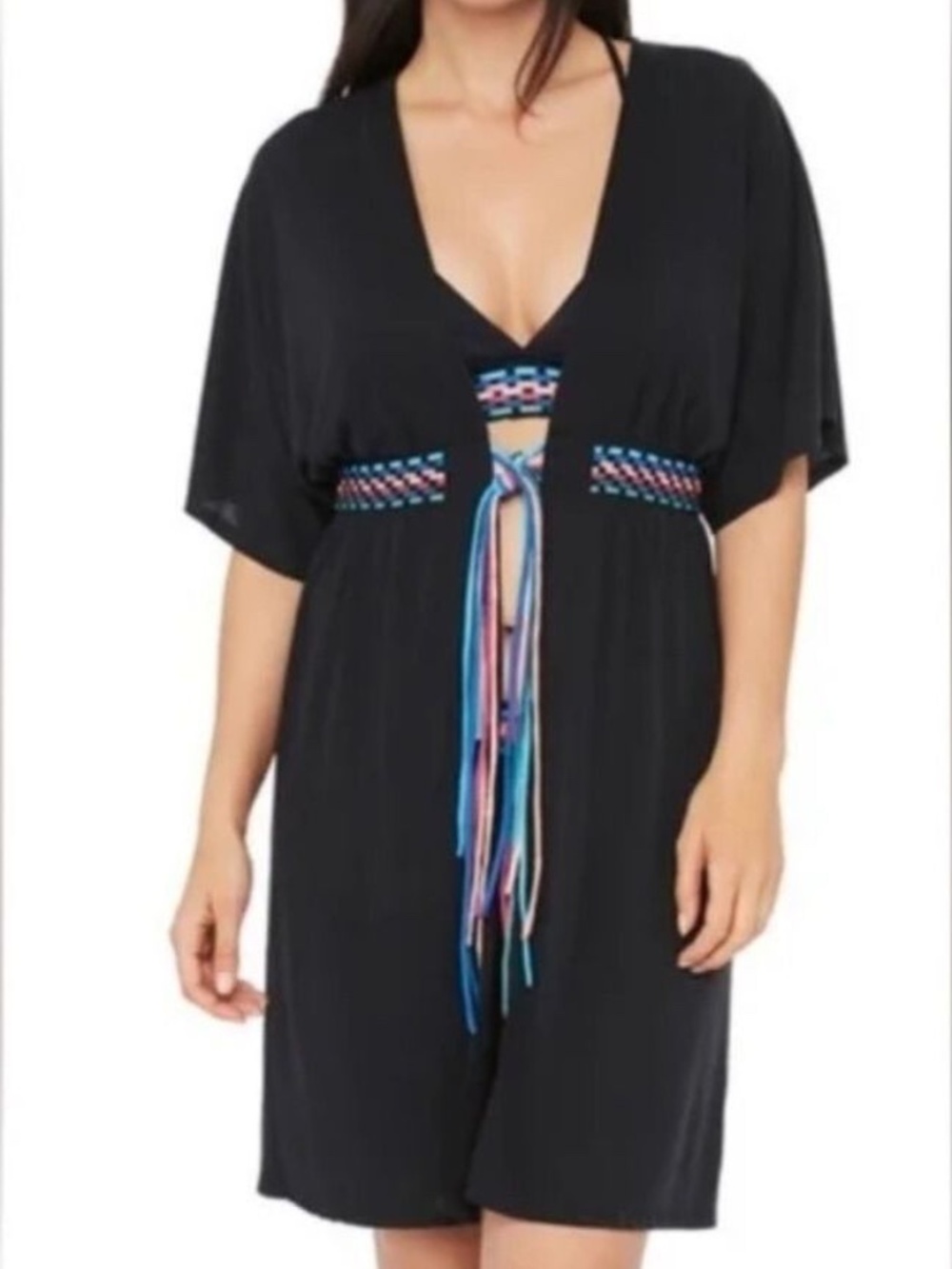 La Blanca Macrame Swim Cover Up Coverup Dress Black Multicolor Tie Size XS